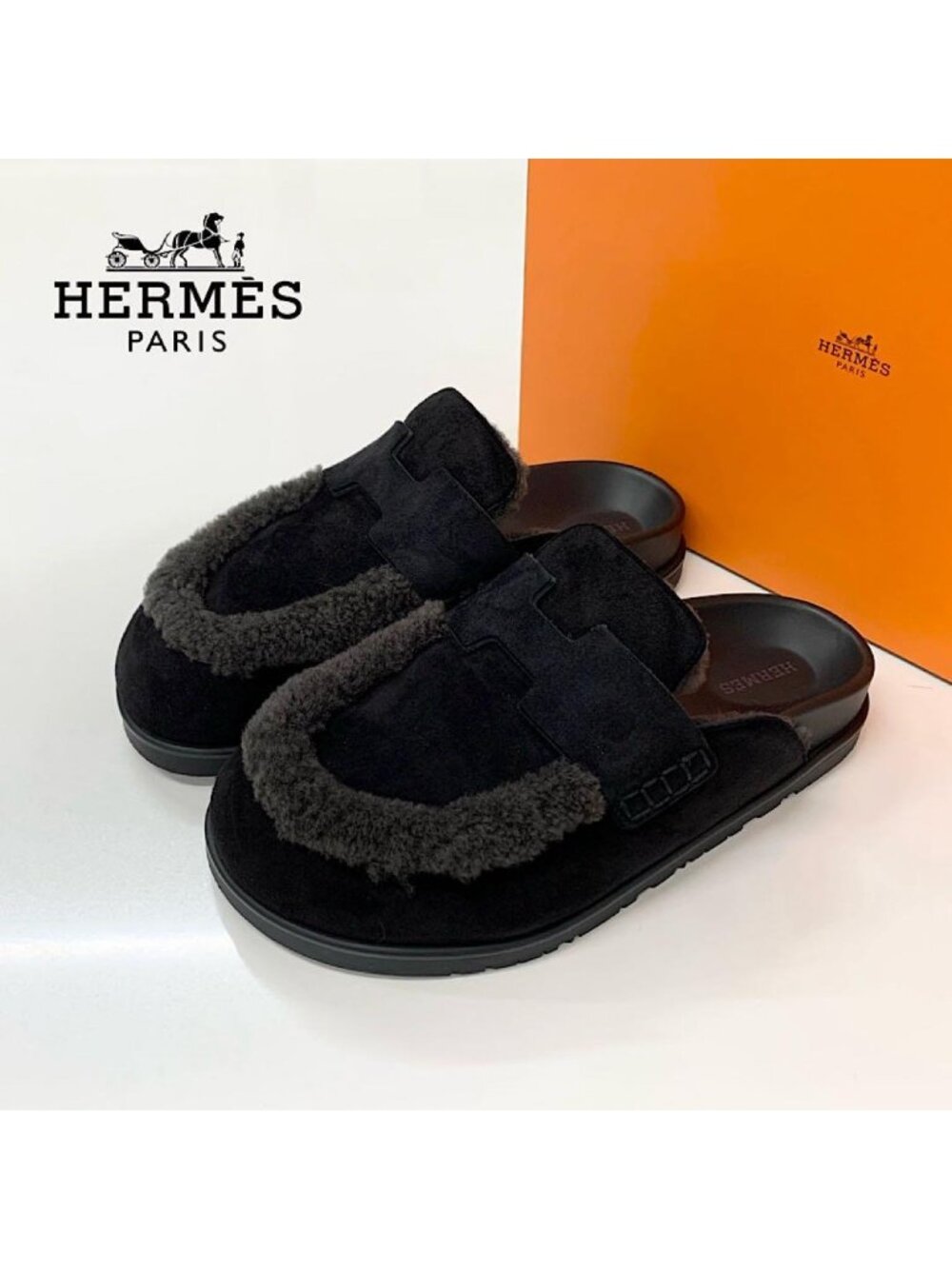 Hermes Go Suede Shearling Sandals Black